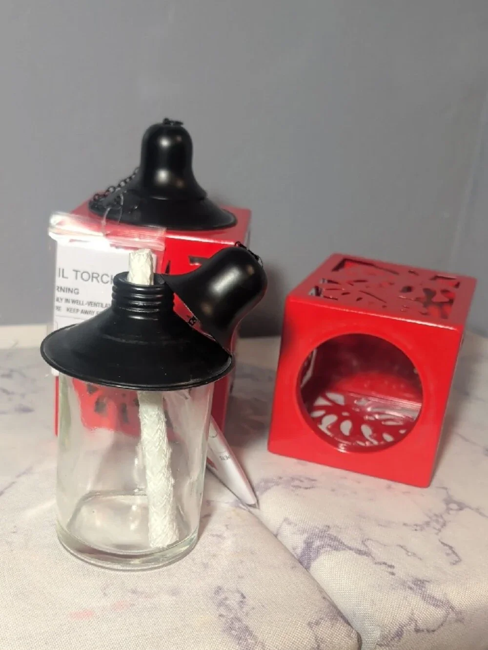 Decorative Red Metal Lantern Oil Torch - Set of 2